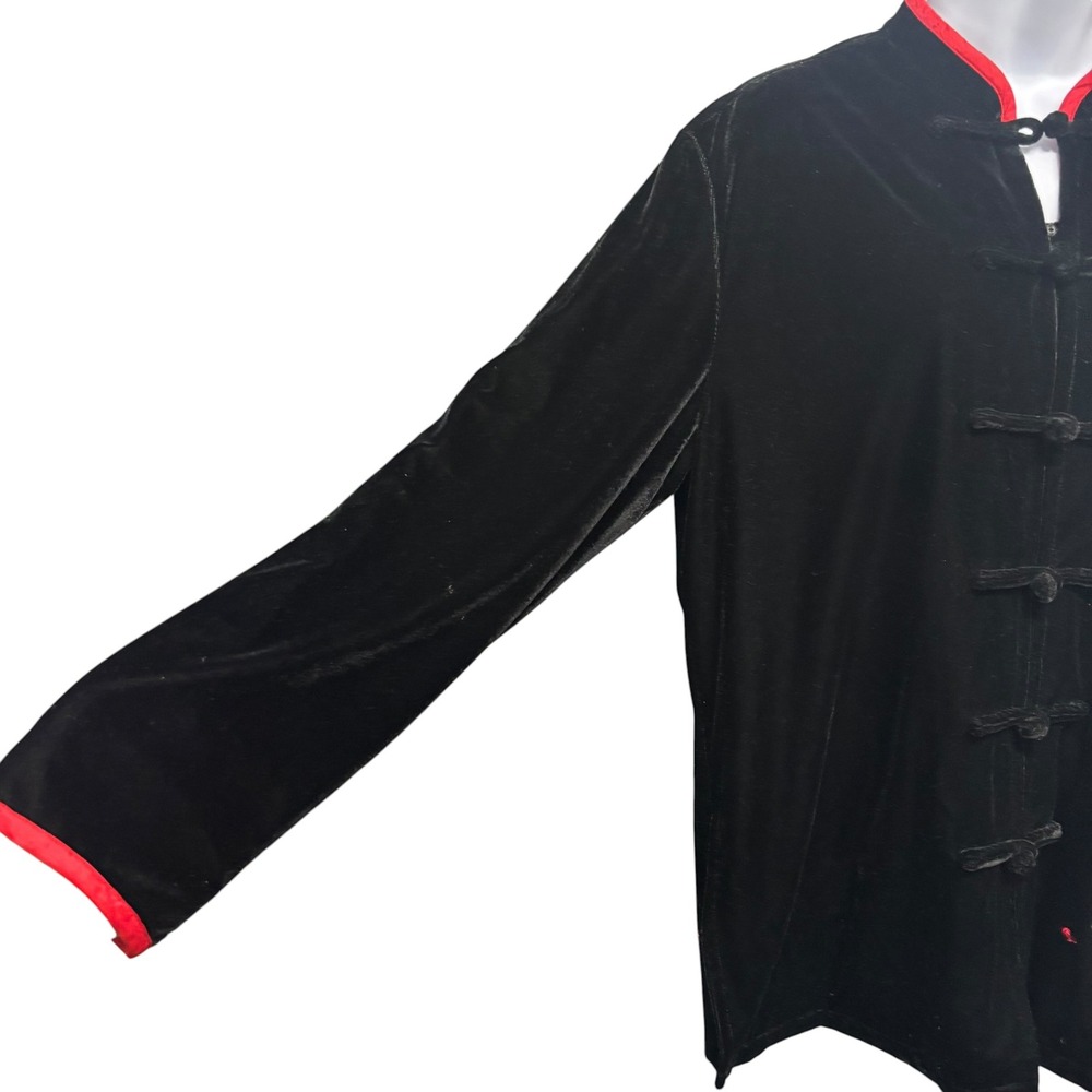 Newport News Black Velvet Mandarin Jacket Red Floral Embroidery Frog Closure 12 - Picture 6 of 13